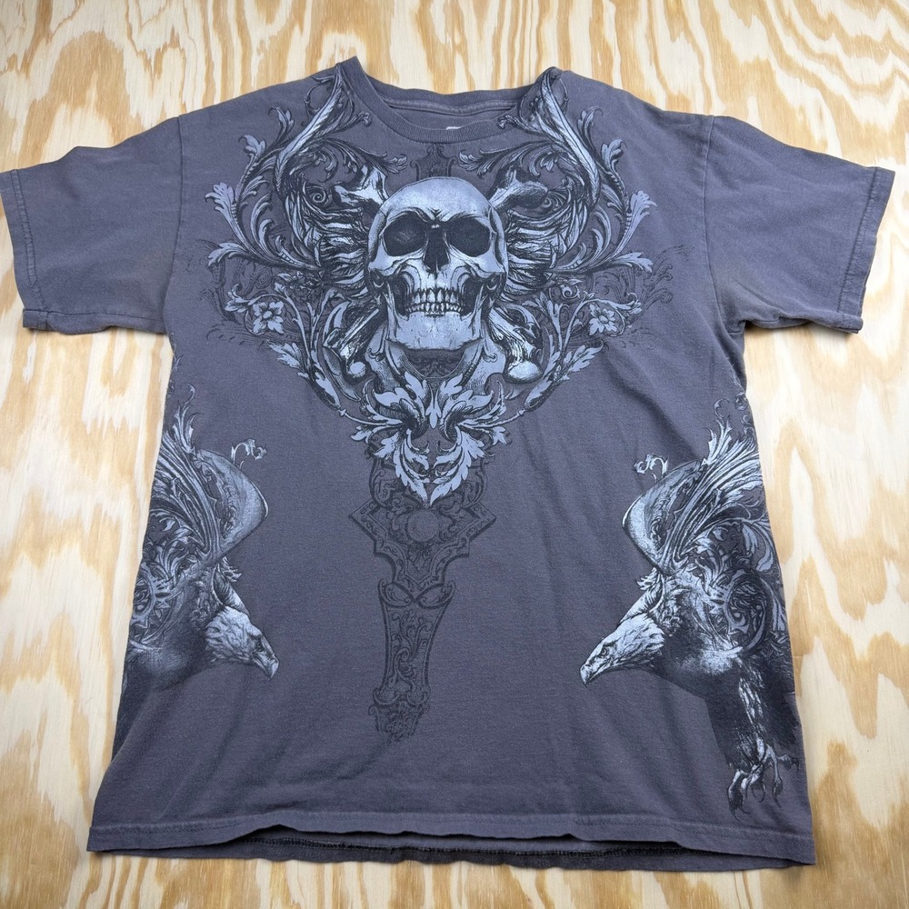 MMA Elite Mens Skull Eagle Graphic T-Shirt Gray Cotton Short Sleeve Size M